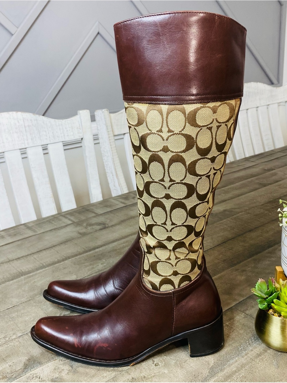 Coach Chrissi Signature Jacquard Leather Tall Riding Boots Brown Burgundy Sz 8 - Picture 1 of 10